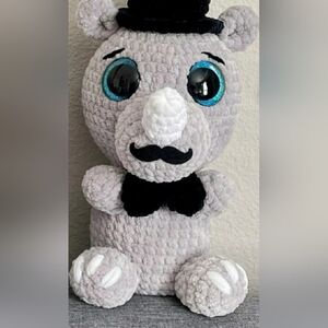 Crochet Rino Stuffy Gray Plush Black Hat Bowtie Mustache Handmade